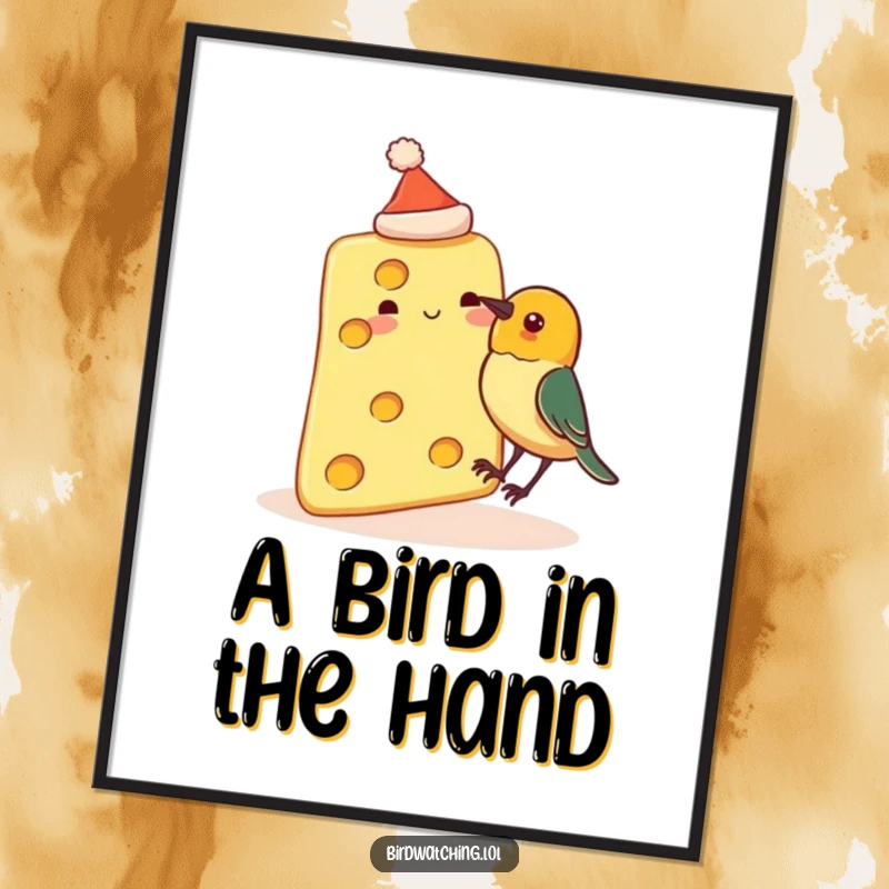 Funny Free Printable Wall Art: Cheese slice in a hat about to be pecked by a curious bird.