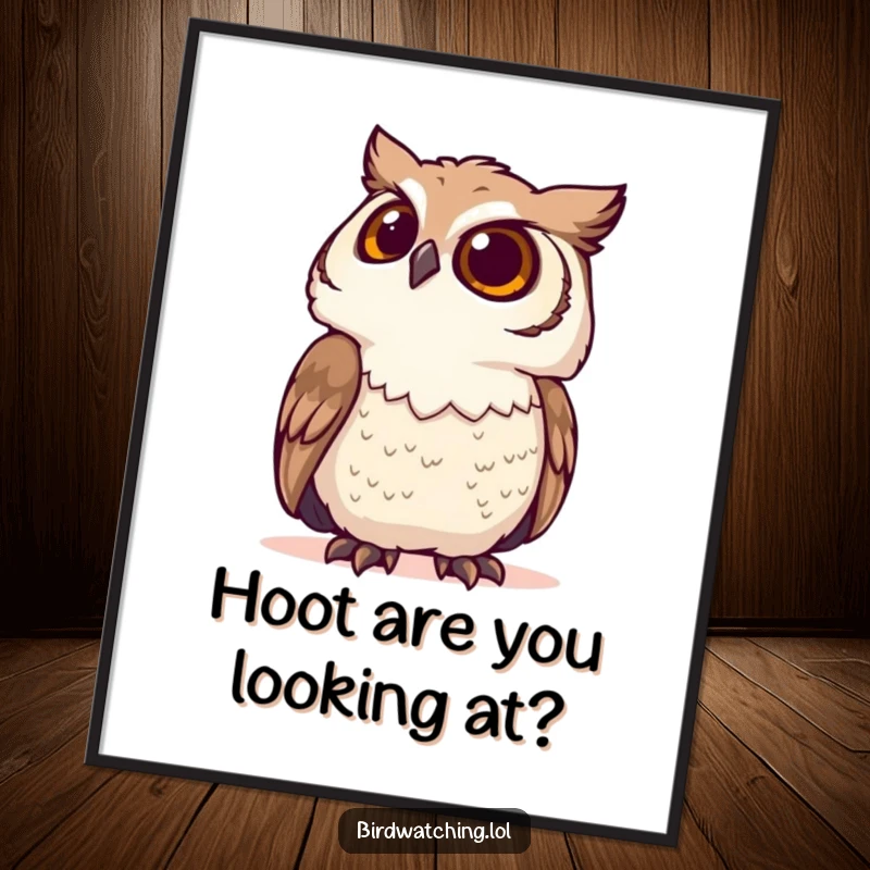 Funny Free Printable Wall Art: A determined owl scanning the sky with intense focus, depicted in a humorous, curious style.