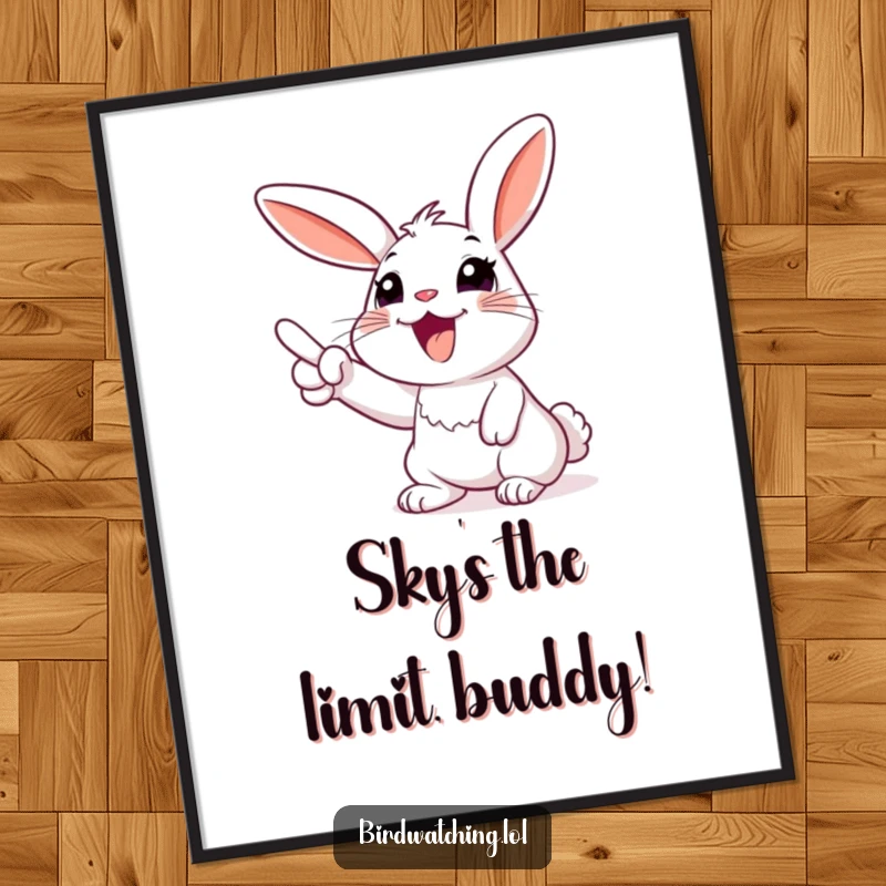 Funny Free Printable Wall Art: A happy rabbit pointing excitedly at the sky, perfect for whimsical decor.