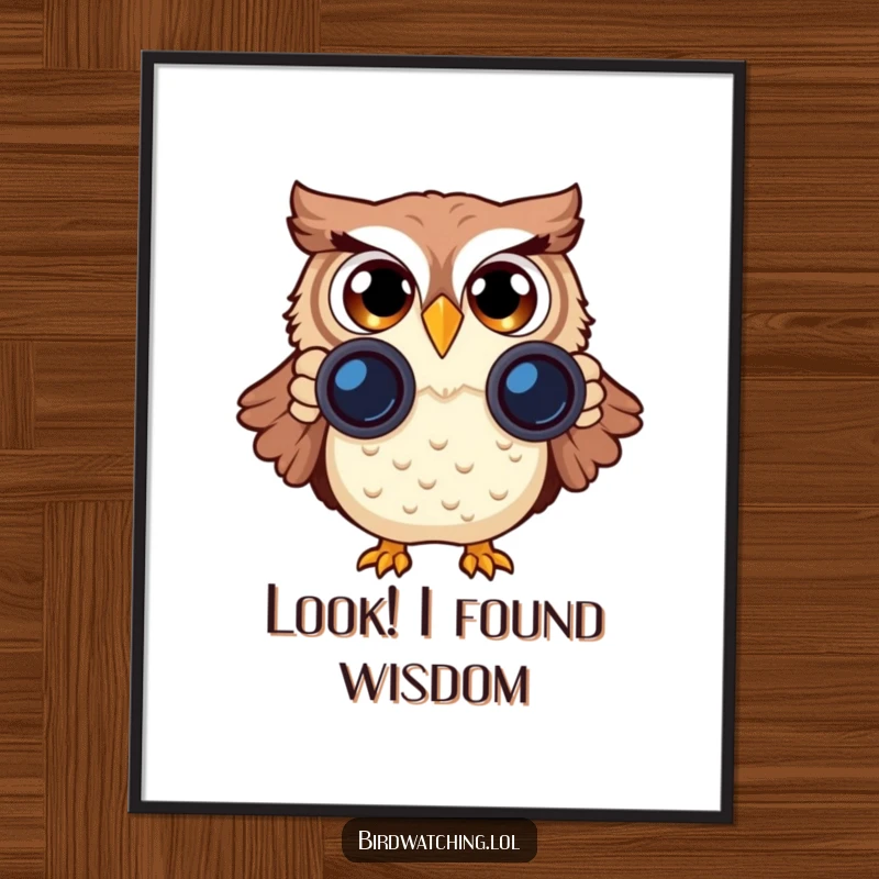 Funny Free Printable Wall Art: A surprised owl with binoculars peers intently, adding humorous decor to your space.