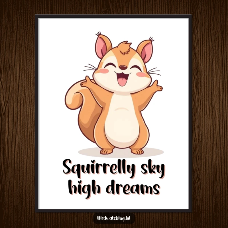 Funny Free Printable Wall Art: Cheerful squirrel gesturing wildly to the sky with happiness, a vibrant and quirky download.