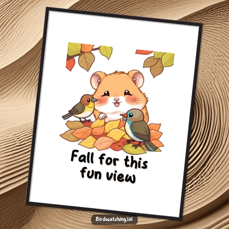 Funny Free Printable Wall Art: A giggling hamster peeking over fallen leaves at a bird, humorous downloadable art for your home.