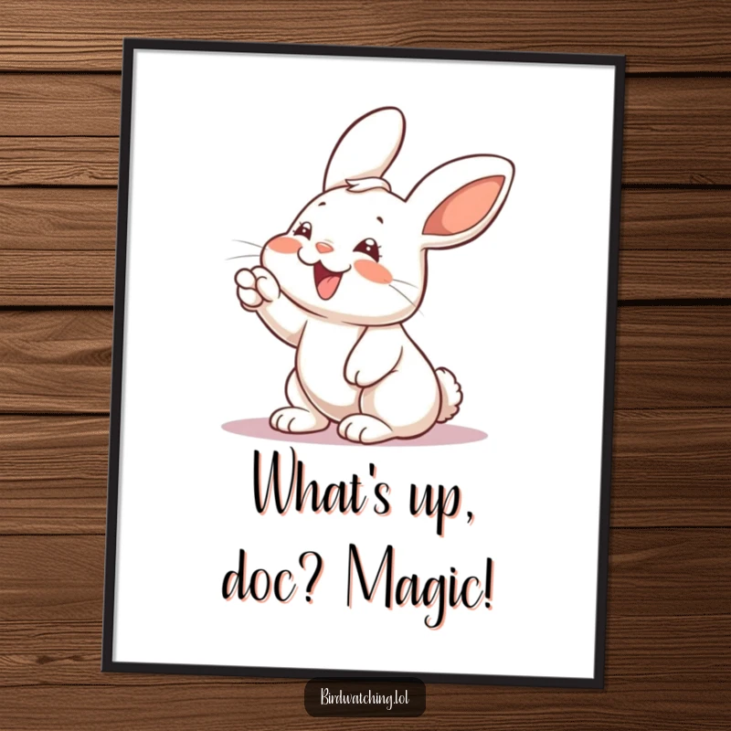 Funny Free Printable Wall Art: Giggling rabbit pointing excitedly at something unseen, perfect for decor.