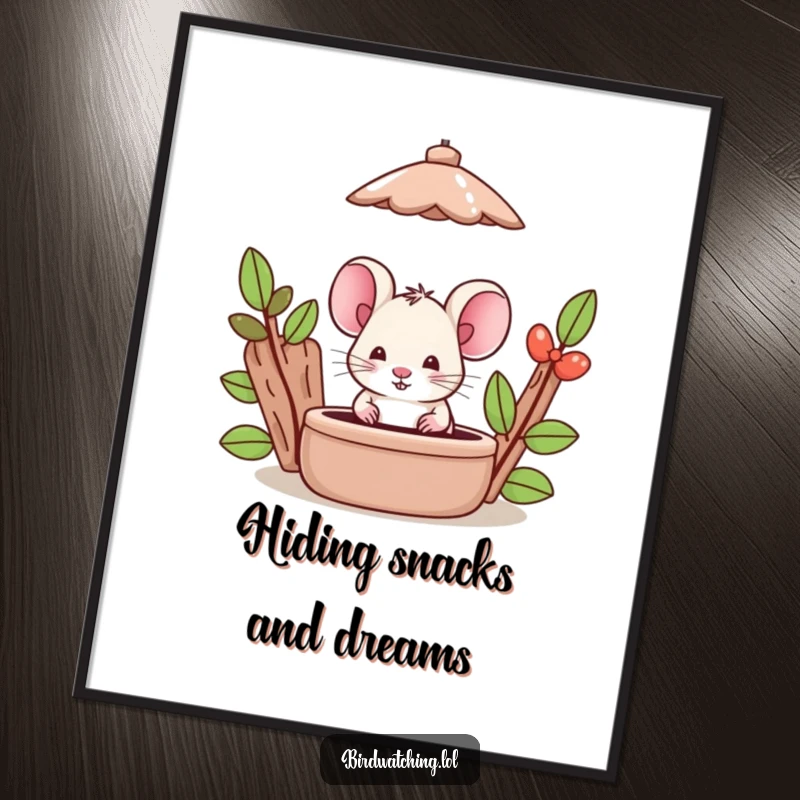 Funny Free Printable Wall Art: A silly mouse with curious eyes peeks from behind a bird feeder, adding a playful touch.