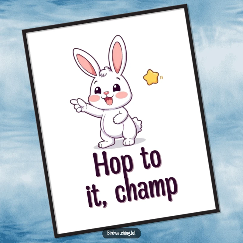 Funny Free Printable Wall Art of a cheerful bunny pointing excitedly at the distance, radiating happiness and anticipation.