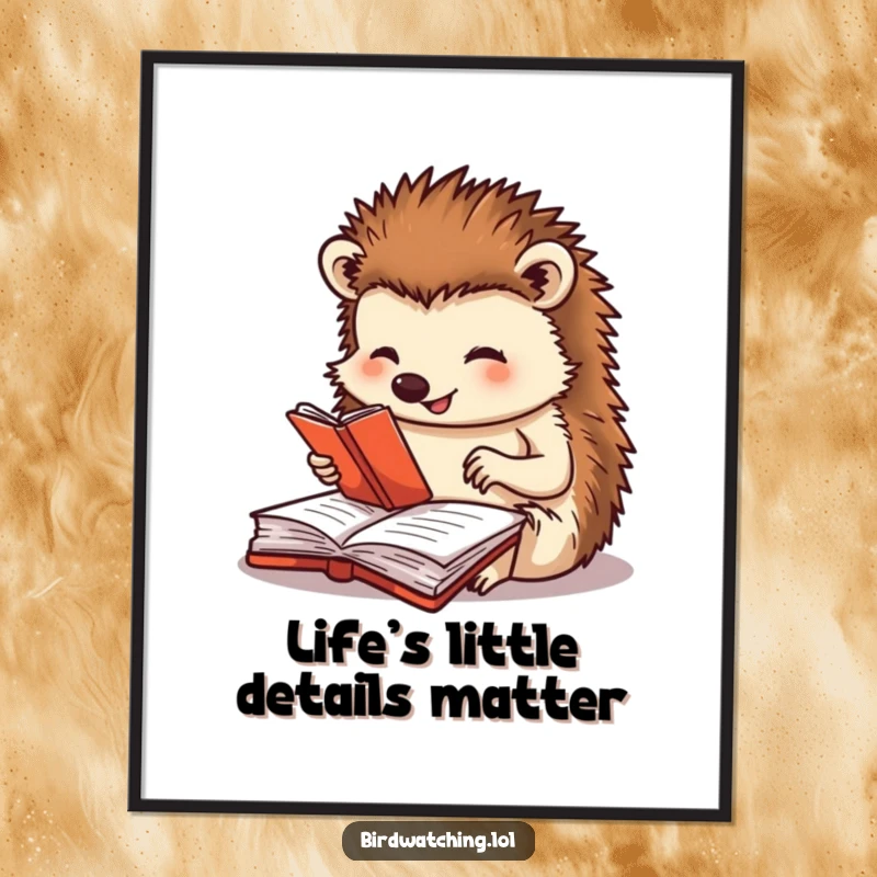 Funny Free Printable Wall Art: Happy hedgehog wearing glasses intently writing in a journal, capturing life's adorable moments.