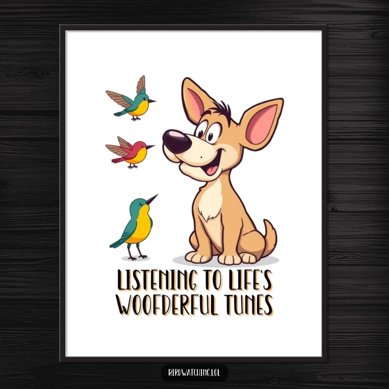 Funny Free Printable Wall Art: A goofy dog tilting its head curiously, listening to bird calls, adding charming humor to your decor.