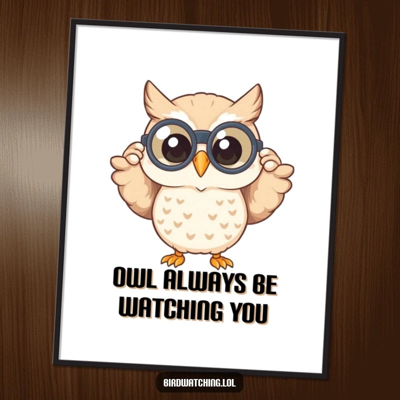 Funny Free Printable Wall Art: Happy owl peeks through binoculars with a wide smile, joyfully observing the world.