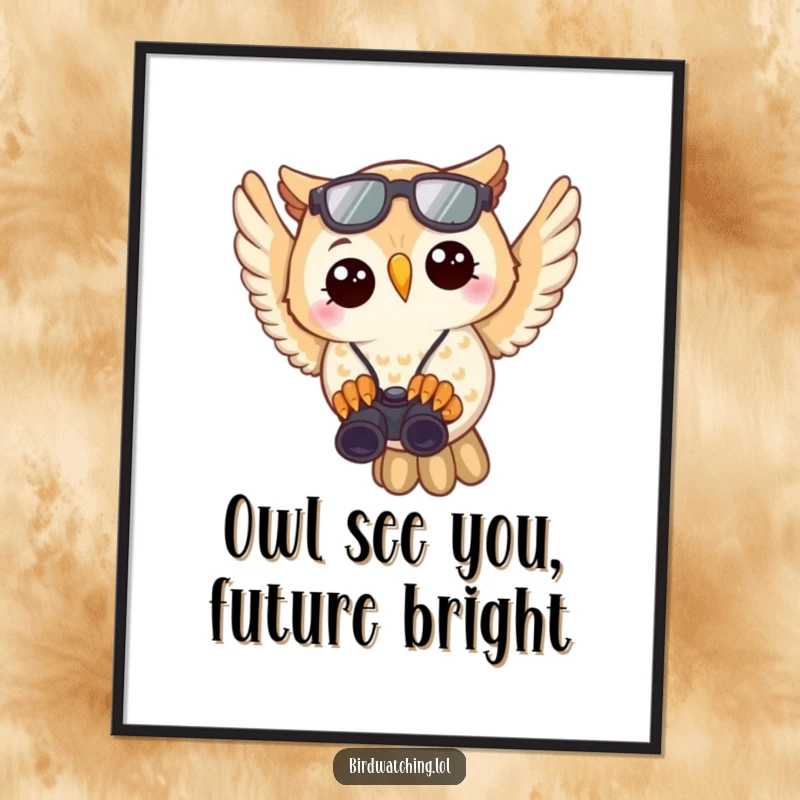 Funny Free Printable Wall Art: Joyful owl flying high, binoculars in talons, observing the world with humor, quirky decor download.
