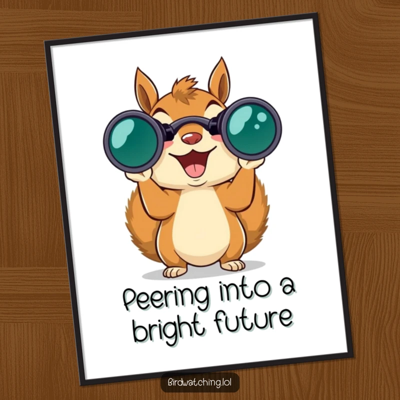 Funny Free Printable Wall Art: An excited squirrel with large binoculars, intently observing. Hilarious downloadable decor.