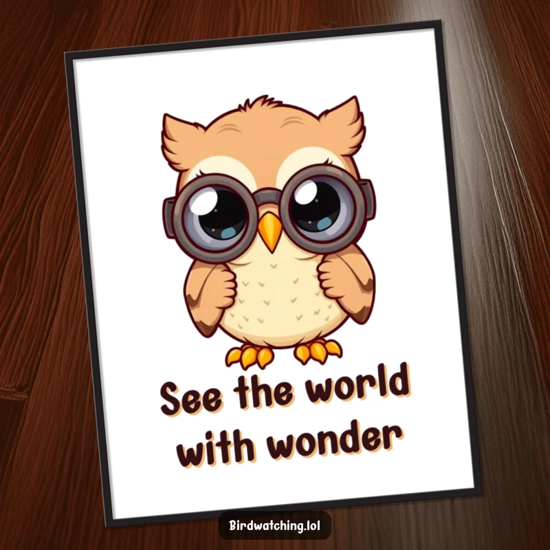 Funny Free Printable Wall Art: A happy owl peers intently through large binoculars, its curious eyes taking everything in.