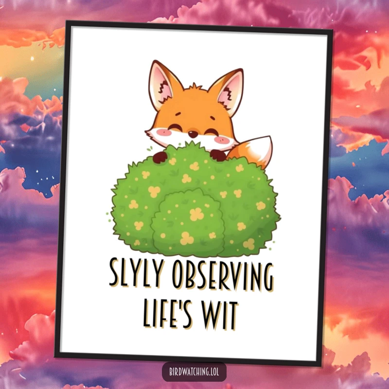 Funny Free Printable Wall Art: Joyful fox peeking from behind a bush, observing the world with curiosity and a hint of mischief.