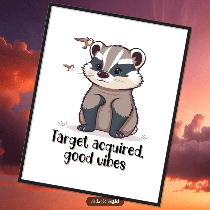 Funny Free Printable Wall Art: A determined badger intently watching a distant flyer, embodying focus and humorous resolve.