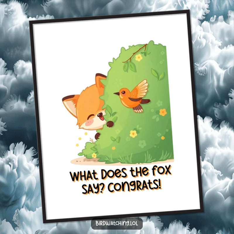 Funny Free Printable Fox Wall Art: A joyful fox peeking from behind a bush, watching a bird with interest.