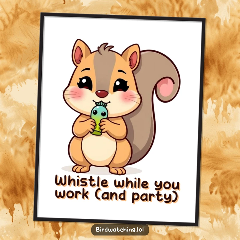 Funny Free Printable Wall Art: A cheerful squirrel enthusiastically toots a tiny bird whistle, creating a whimsical art piece.