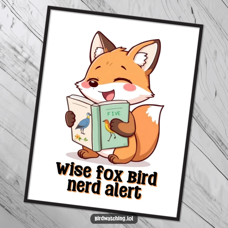 Funny Free Printable Wall Art: A giggling fox with a bird identification book, depicting pure joy and a love for birds.