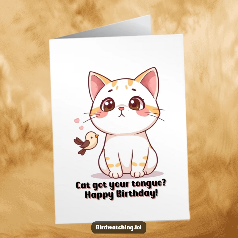 Funny Free Printable Birthday Card: A surprised cat gasps at a tiny bird, perfect for a hilarious greeting.
