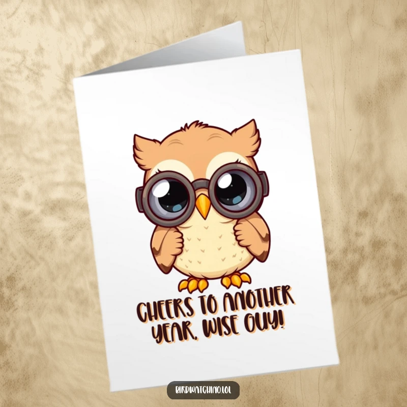 Funny Free Printable Birthday Card: A happy owl peers through large binoculars, eyes wide with curiosity.