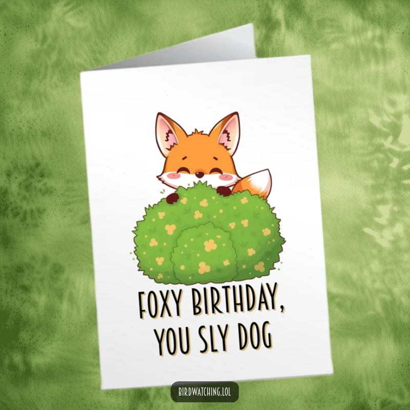 Funny Free Printable Birthday Card: Joyful fox peeking from behind a bush, observing with a sly grin.