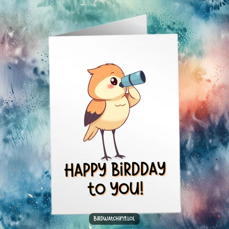 Funny Free Printable Birthday Card: Determined bird watcher intently surveys the horizon for birthday fun.