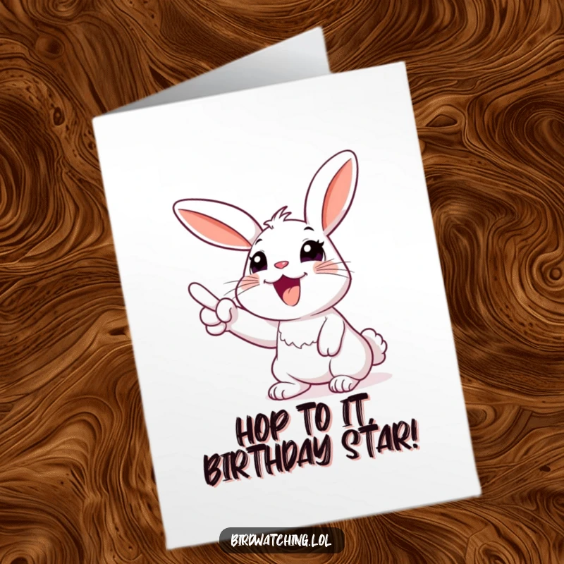 Funny Free Printable Birthday Card: A happy rabbit joyfully pointing upwards at the sky, ready for celebration.