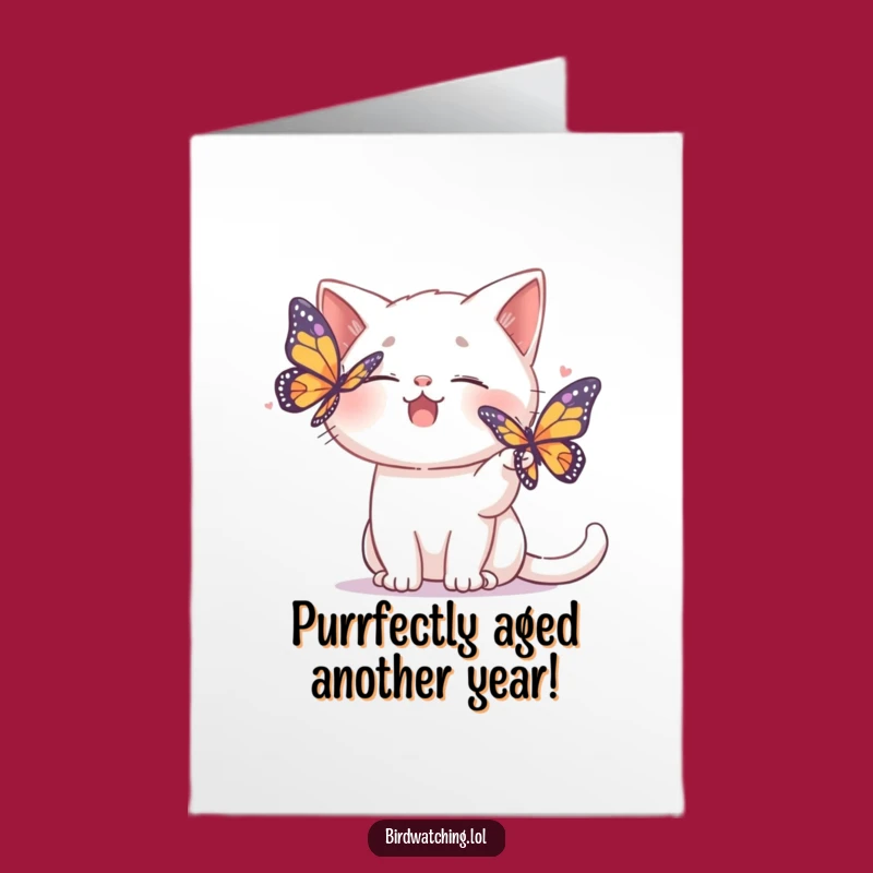 Free Printable Birthday Card: Giggling Cat Butterfly Chase, Funny Downloadable Gift