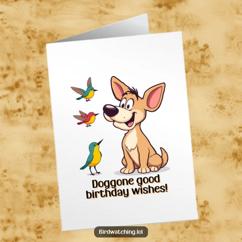 Funny Free Printable Birthday Card: A goofy dog tilting its head curiously, listening intently to bird calls for your birthday.