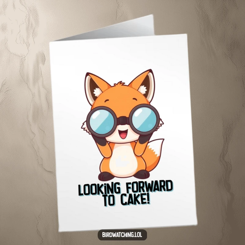 Free Printable Birthday Card, a cheerful fox with big eyes peering intently through oversized binoculars, ready for adventure.