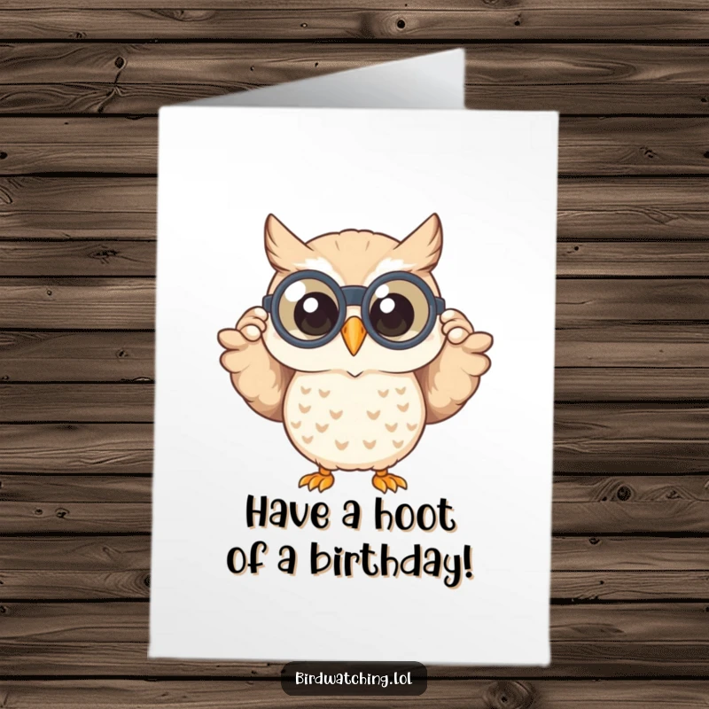 Funny Free Printable Birthday Card: Happy owl peeks through binoculars with a wide smile, spotting birthday fun ahead.
