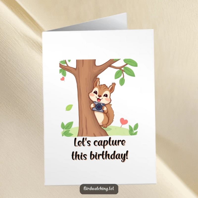 Funny Free Printable Birthday Card: A joyful squirrel peeks from behind a tree, holding a tiny camera to capture the moment.