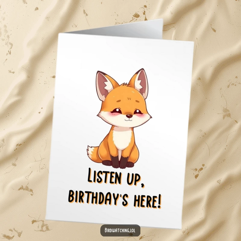 Funny Free Printable Birthday Card: Playful fox tilts head, listening intently for birthday surprises.