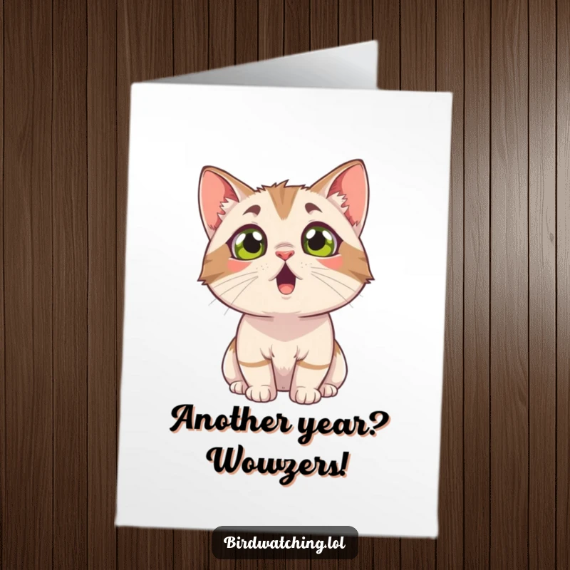 Funny Free Printable Birthday Card: A curious cat looking up with wide, shocked eyes, perfect for birthday fun.