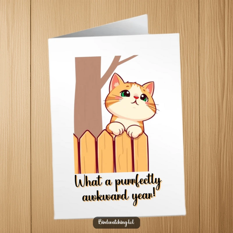 Funny Free Printable Birthday Card: A surprised cat hilariously stretches its neck high over a fence, peeking with wide eyes.