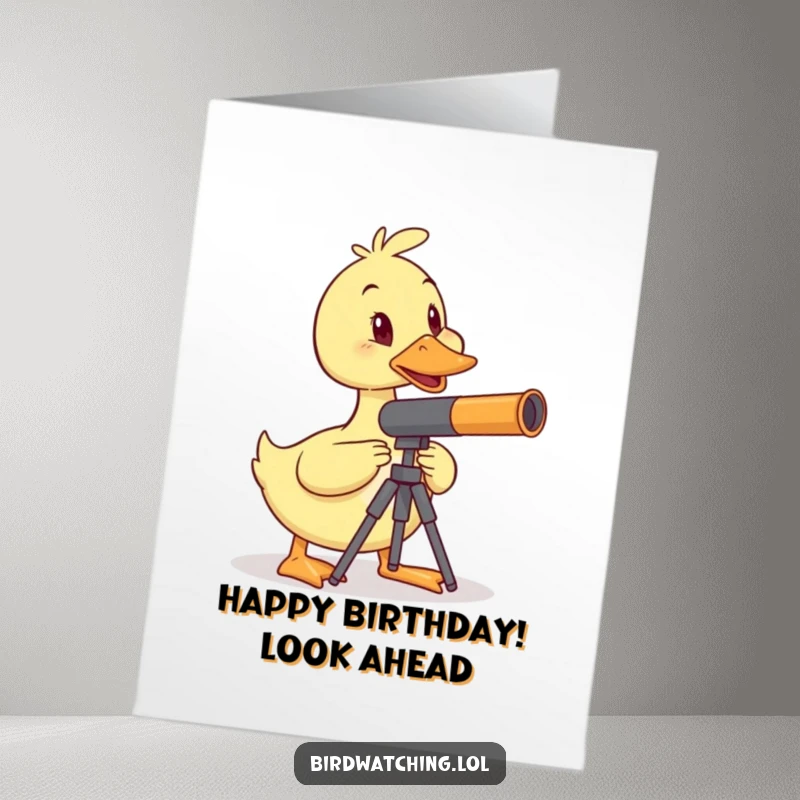 Funny Free Printable Duck Birthday Card: A wobbly duck balances telescope, looking for birthday stars, a hilarious DIY gift.