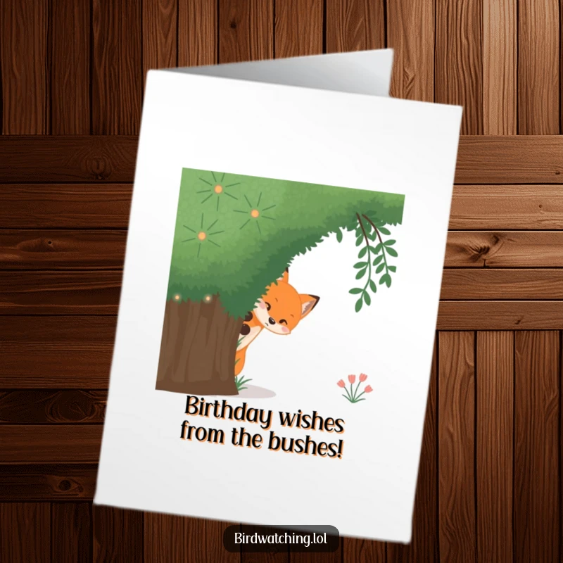 Funny Free Printable Birthday Card: A curious fox peeks from behind a bush, a cute birthday surprise.