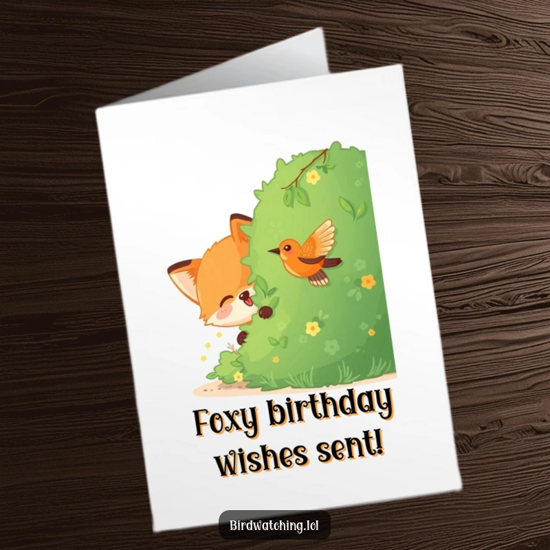 Funny Free Printable Fox Birthday Card: A joyful fox peeking from behind a bush, watching a bird.