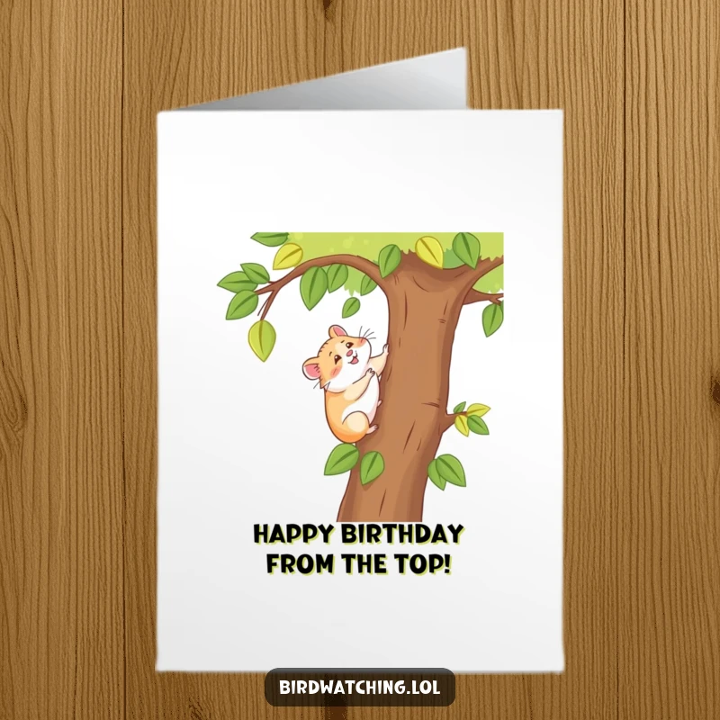 Funny Free Printable Birthday Card: A happy hamster climbs a tree for a better view, celebrating life.