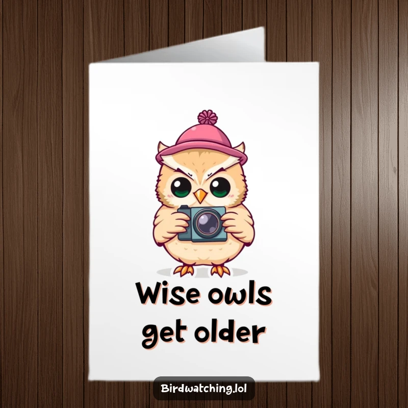 Funny Free Printable Birthday Card: Silly owl wearing a tiny hat, holding a camera and looking cheerful.
