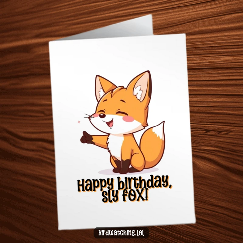 Funny Free Printable Birthday Card: A smiling fox excitedly points towards something wonderful in the distance for birthday wishes.