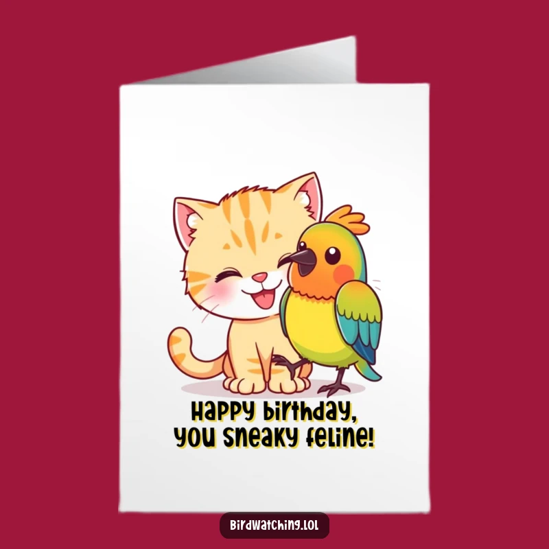 Funny Free Printable Birthday Card: Sneaky Cat & Bird, Downloadable Greeting Gift!