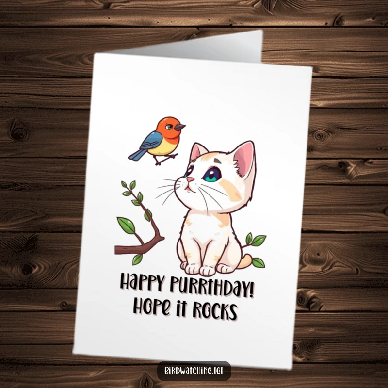 Funny Free Printable Birthday Card: A curious cat intently looking up at a bird perched on a branch, celebrating a birthday.
