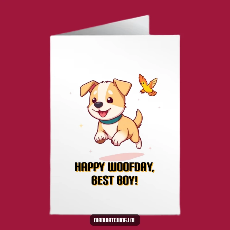 Free Printable Birthday Card: Playful Dog Chasing Bird, Fun Downloadable Gift!