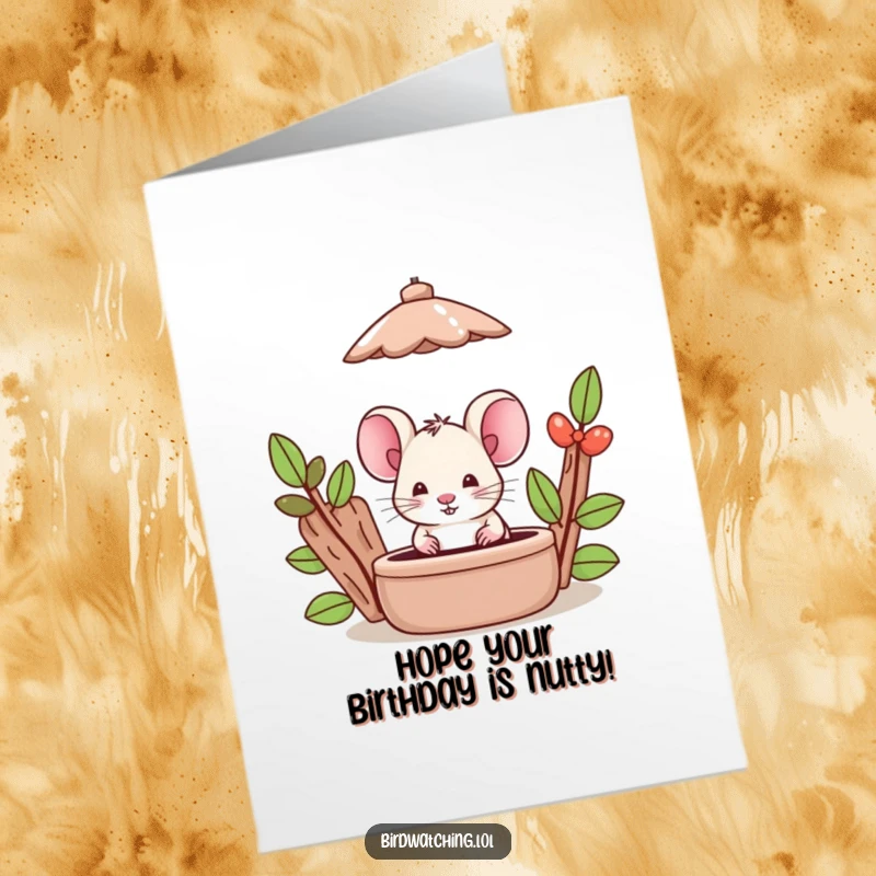 Funny Free Printable Birthday Card: Silly mouse with wide eyes peeks from behind a bird feeder, ready for cake.
