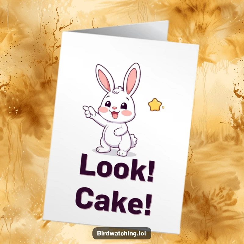 Funny Free Printable Birthday Card with a cheerful bunny pointing excitedly at something amazing, celebrating a birthday.