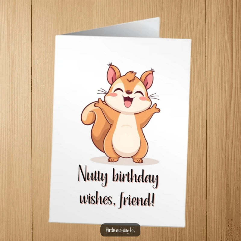 Funny Free Printable Birthday Card: Cheerful squirrel gesturing wildly to the sky with happiness, celebrating a birthday download.