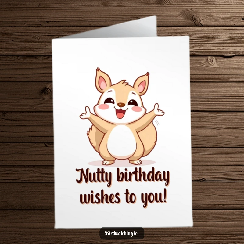 Funny Free Printable Birthday Card: Cheerful squirrel gestures wildly at the sky with happy excitement.