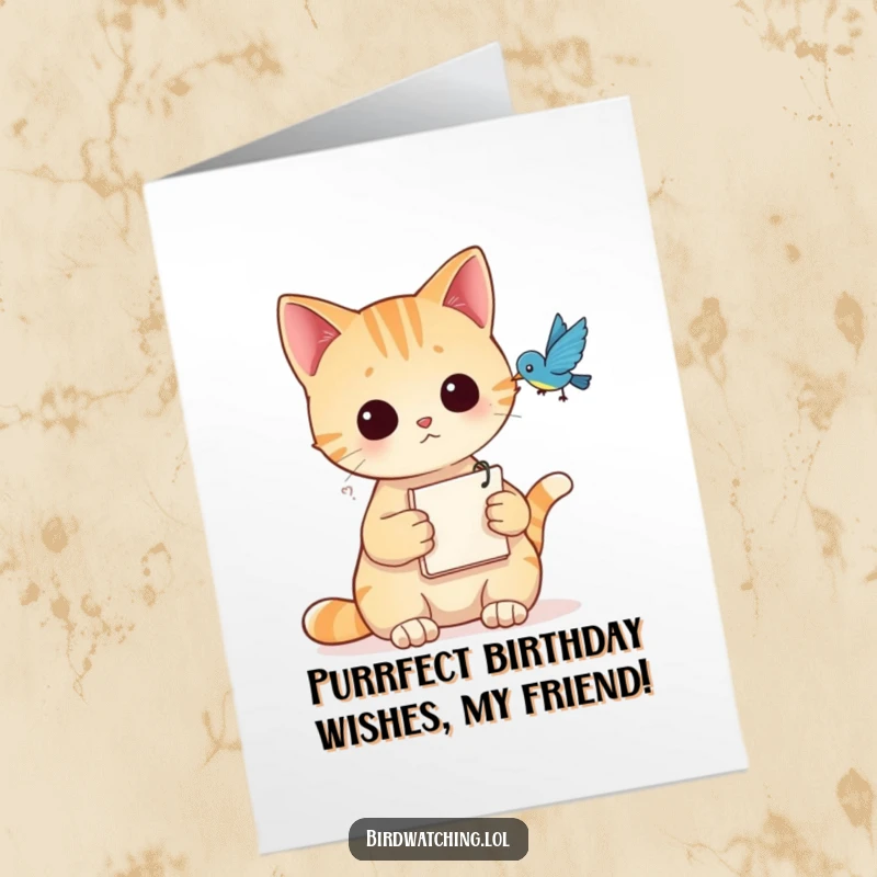 Funny free printable birthday card featuring a curious cat with a notepad, intently watching a bird.