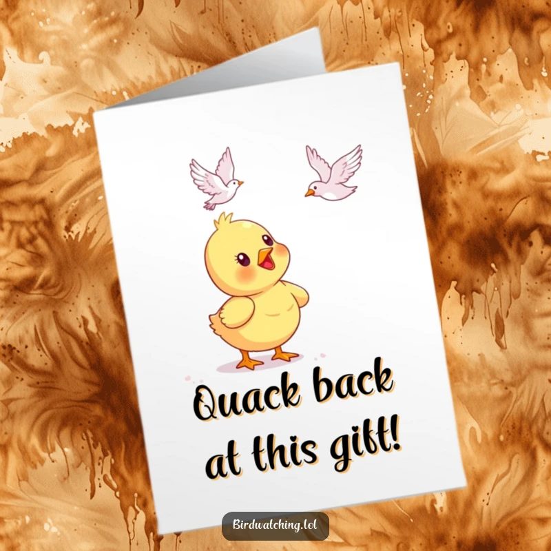 Funny Free Printable Birthday Card: A delighted duck chick looking up at a flying bird with wonder.