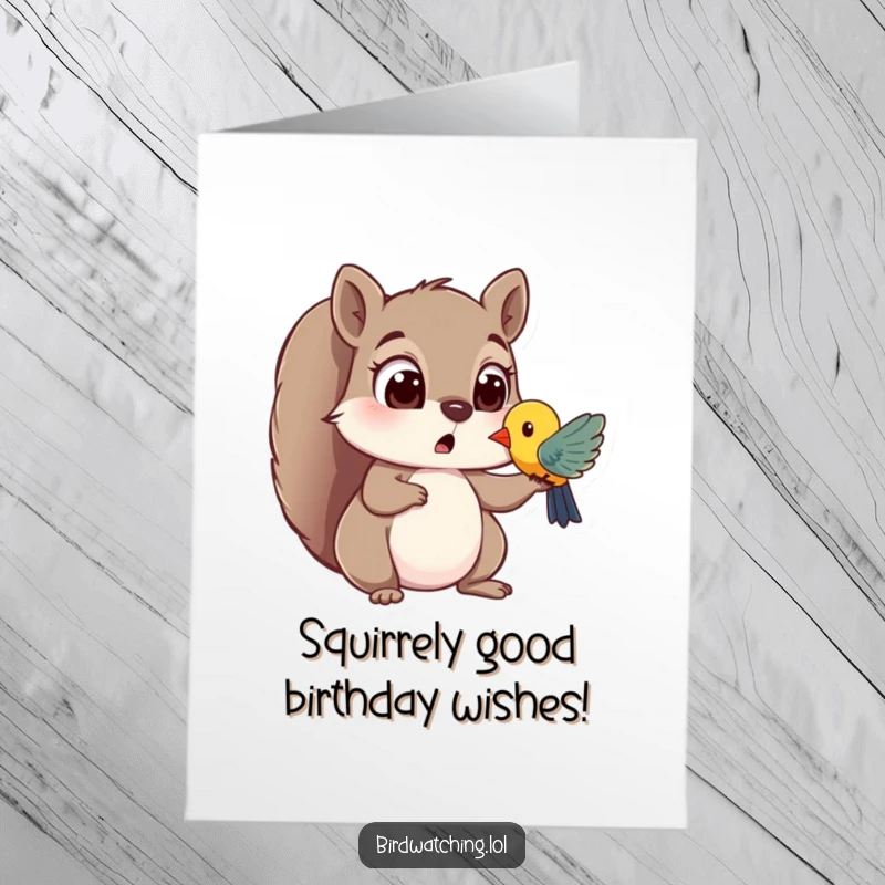 Funny Free Printable Birthday Card: Surprised squirrel with wide eyes spots a colorful bird, a funny birthday surprise.