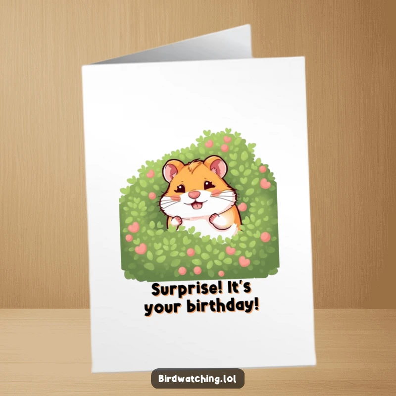 Funny Free Printable Birthday Card: A giggling hamster peeking out from behind a bush, full of birthday mischief.